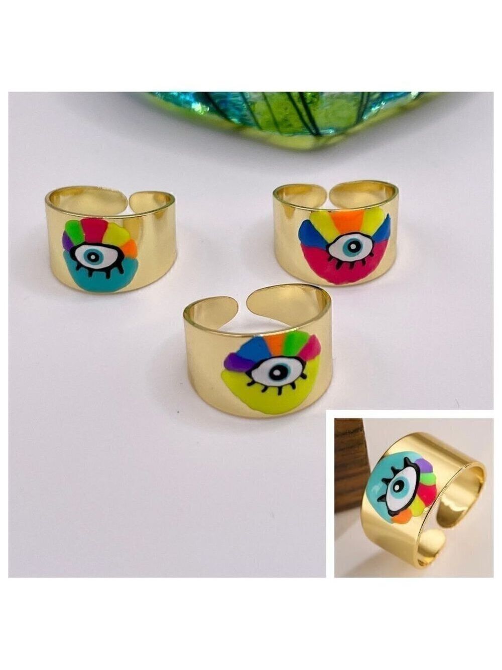 Boho Evil Eye Enamel and Copper Adjustable Ring #1300 BLUE MULTI
